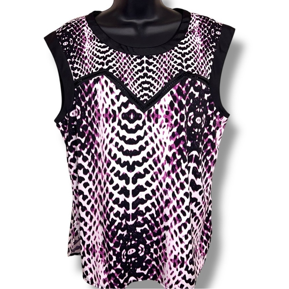 Large Worthington Sleeveless Blouse Purple Black Print Stretch Top